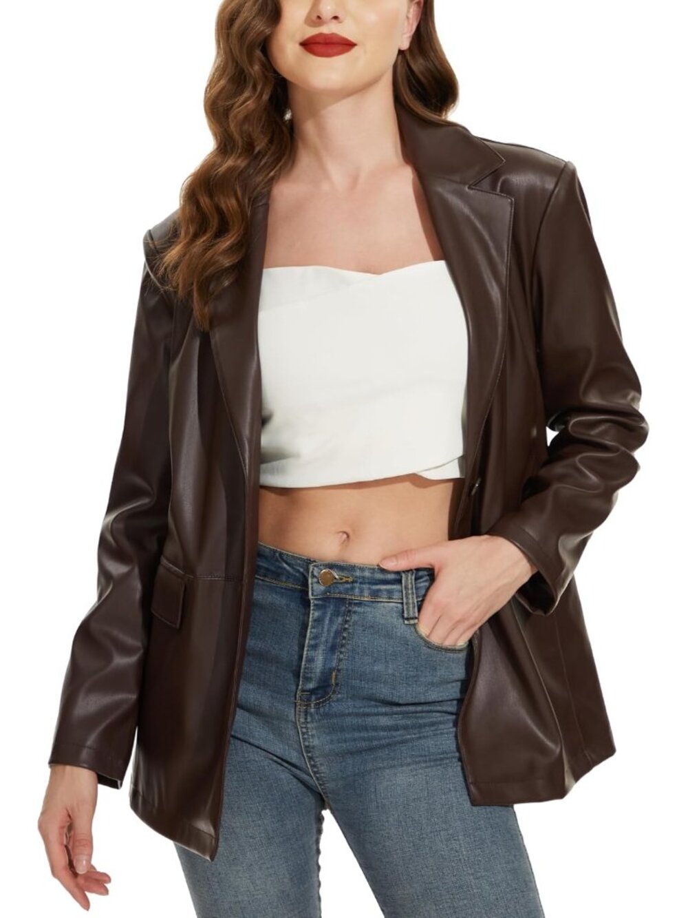 Women's Faux Leather Blazer Jacket Oversized Casual Coat, S-XXL